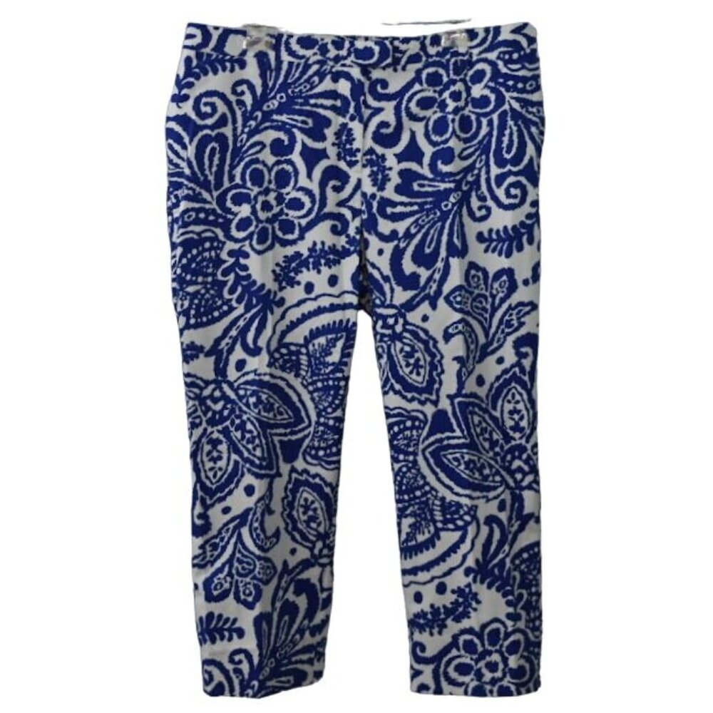 Chicos Pants Womens 14 Chicos 2.5 Lotus Blossom II Crop Ultimate Fit Blue White